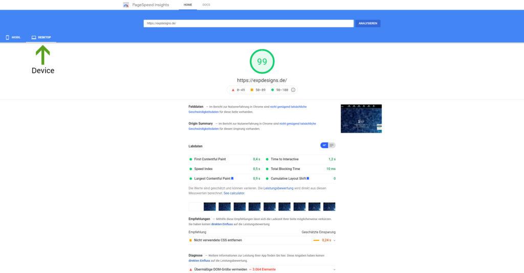 Webseite selbst testen - Google Page Speed Score Desktop