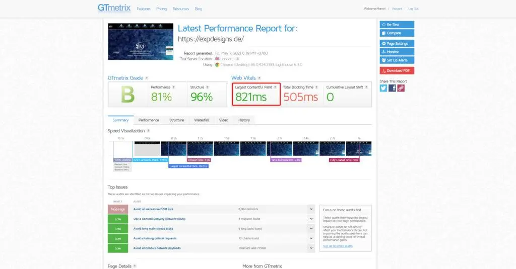 Webseite selbst testen - GT Metrix