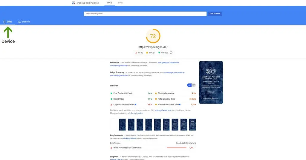 Webseite selbst testen - Google Page Speed Score Mobil